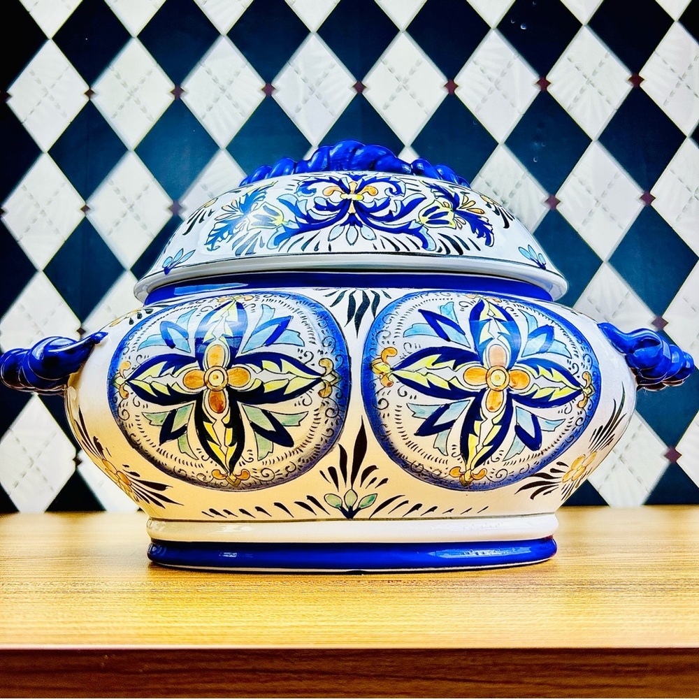 Italian Tureen Ceramic Large HandPainted Mediterranean Cobalt Blue Lidded Server - Picture 9 of 11